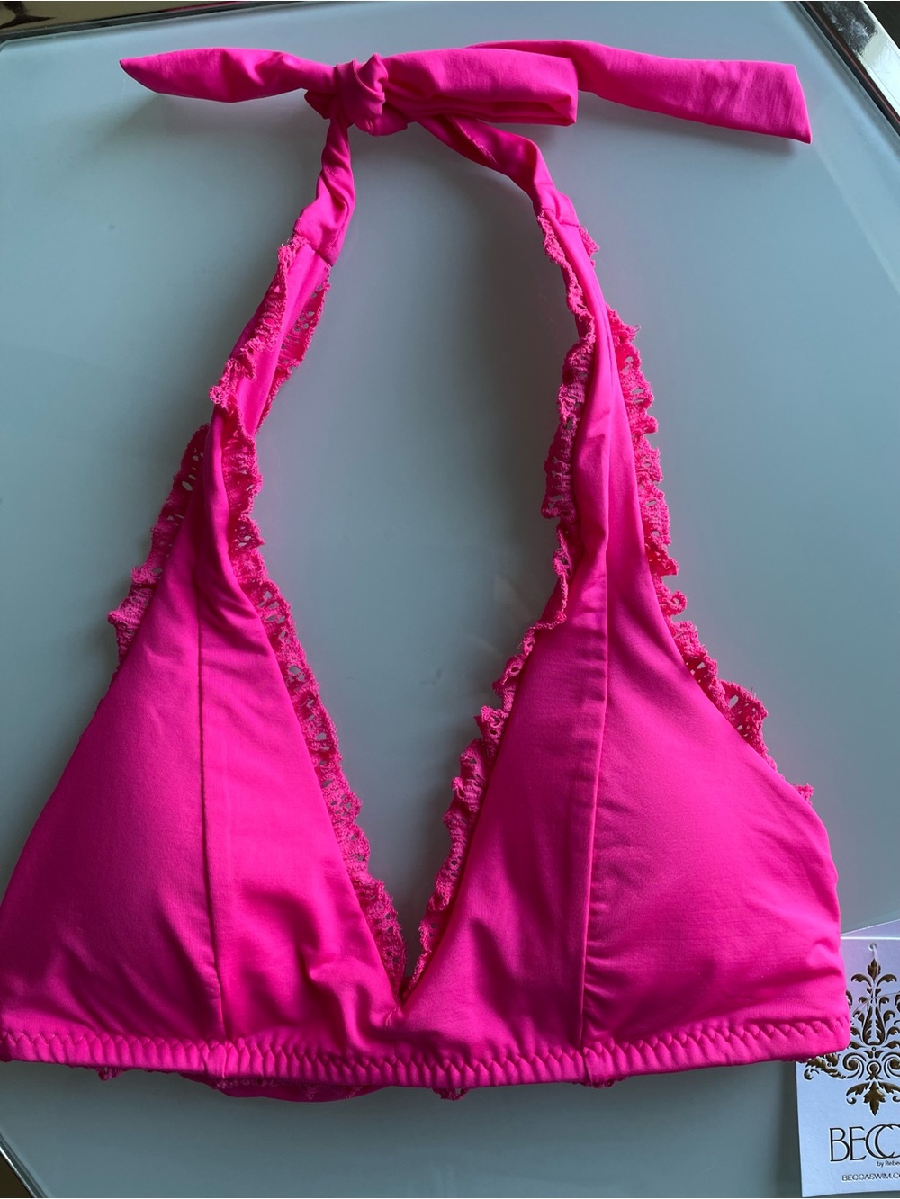 BECCA Bikini Top Hot Pink Ruffle Trim Halter Triangle NWT Medium Removable Cups